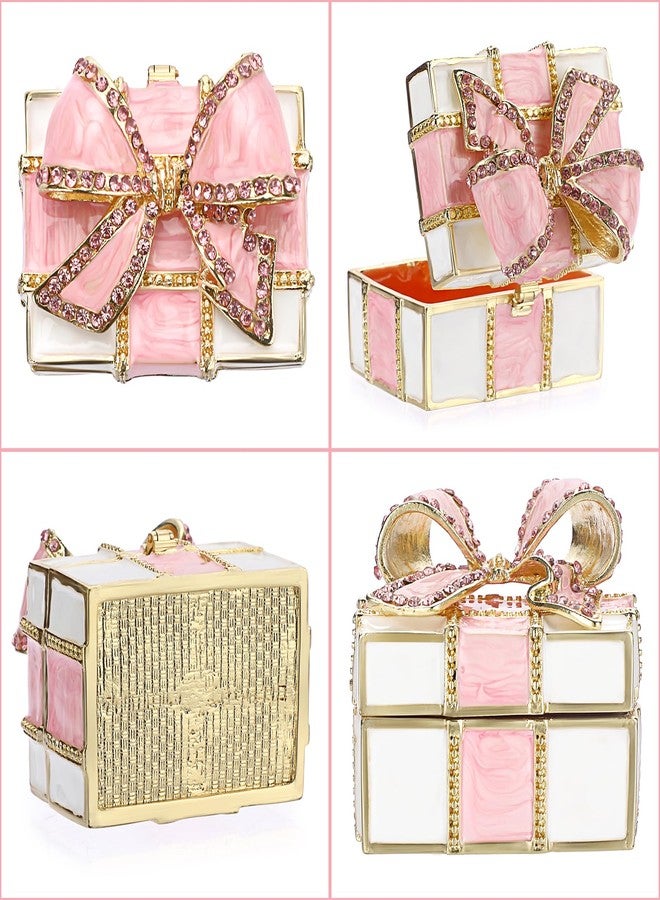 ELLDOO Mini Trinket Box, Bow-knot Gift Box Style Hinged Jewelry Box Vintage Metal Enameled Decorative Box Ring Earrings Jewelry Organizer Gift Box for Women Girls, Pink - Image 3