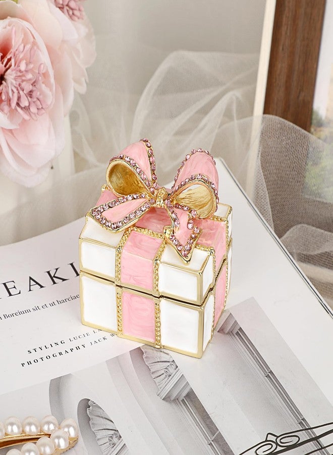 ELLDOO Mini Trinket Box, Bow-knot Gift Box Style Hinged Jewelry Box Vintage Metal Enameled Decorative Box Ring Earrings Jewelry Organizer Gift Box for Women Girls, Pink - Image 4