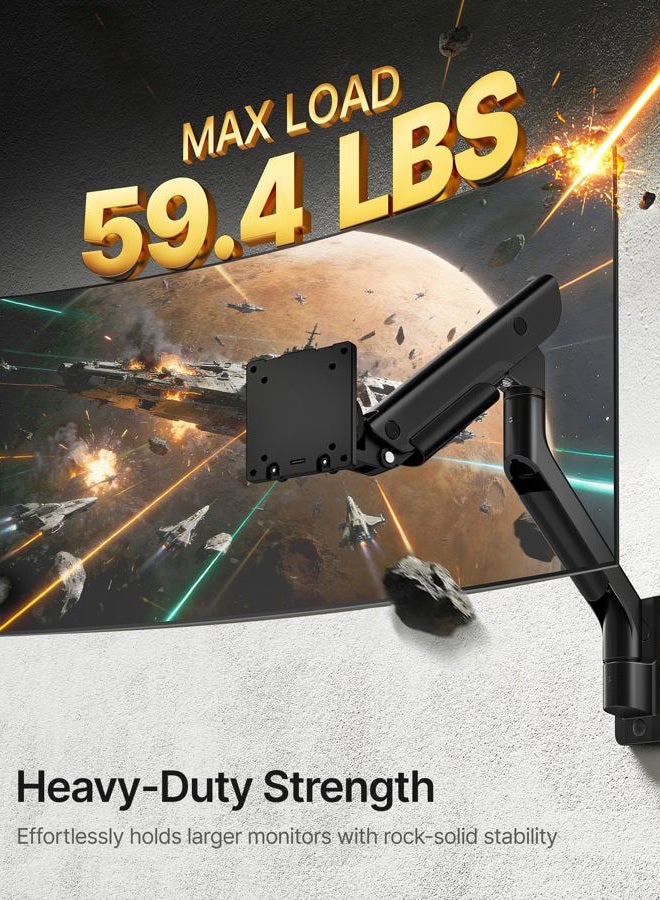 Montek Heavy-Duty Single Monitor Wall Mount for 17-57” Ultrawide Screens up to 59.4lbs, Premium Aluminum Wall Mount Monitor Arm with Full Motion Adjustment, Pneumatic Lift, Max VESA 100x100 - Image 3