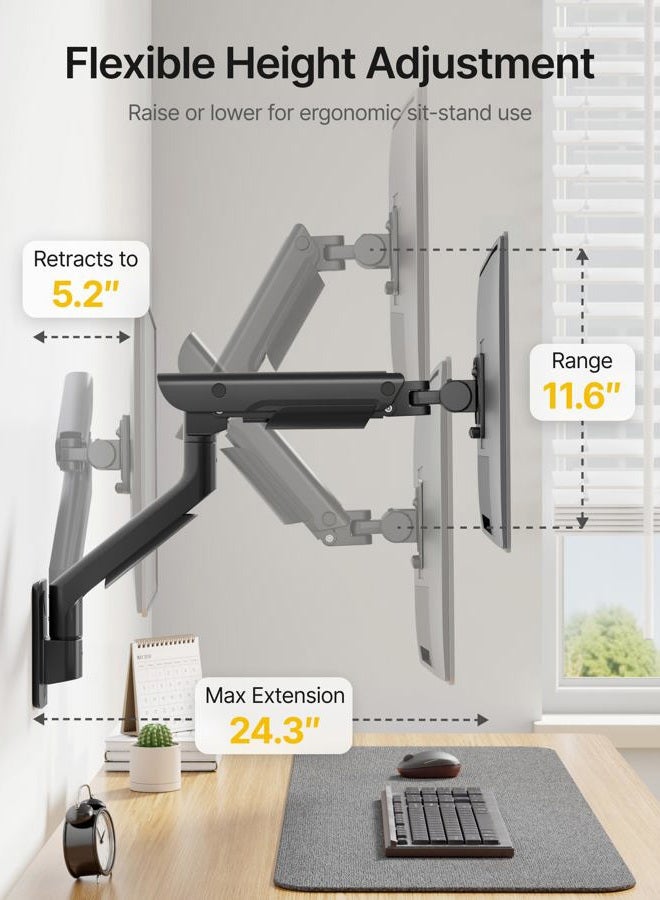 Montek Heavy-Duty Single Monitor Wall Mount for 17-57” Ultrawide Screens up to 59.4lbs, Premium Aluminum Wall Mount Monitor Arm with Full Motion Adjustment, Pneumatic Lift, Max VESA 100x100 - Image 5