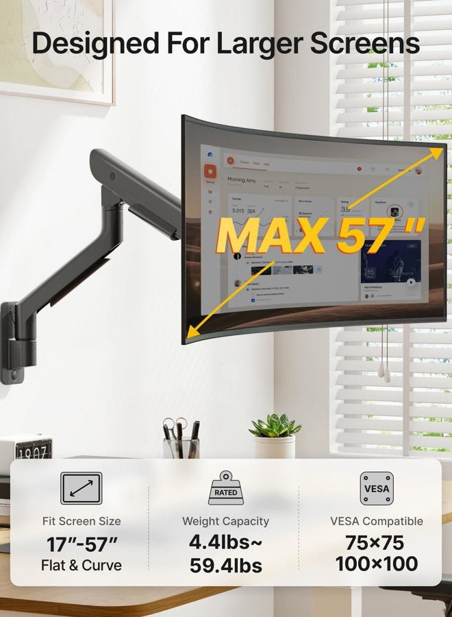 Montek Heavy-Duty Single Monitor Wall Mount for 17-57” Ultrawide Screens up to 59.4lbs, Premium Aluminum Wall Mount Monitor Arm with Full Motion Adjustment, Pneumatic Lift, Max VESA 100x100 - Image 2