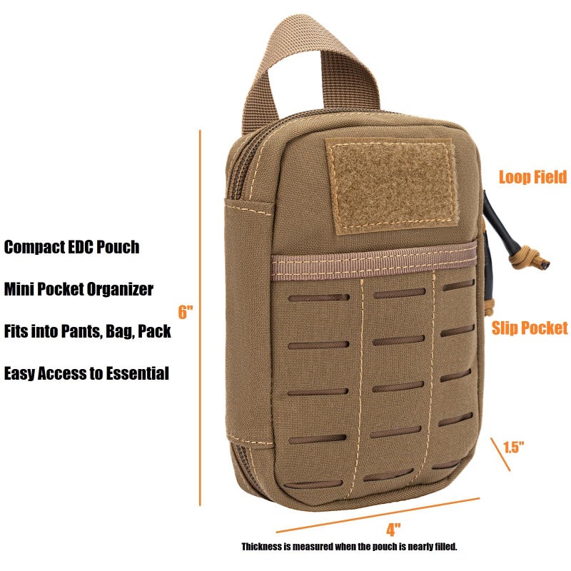 Dotacty Mini Pocket Organizer for Men EDC Gear Storage Pouch Belt/MOLLE-Compatible 6" x 4" x 1.5" Micro Nylon Bag for Multitools Flashlight Knife Pen Field Notebook (Coyote Brown, 6" x 4" x 1.5") - Image 2