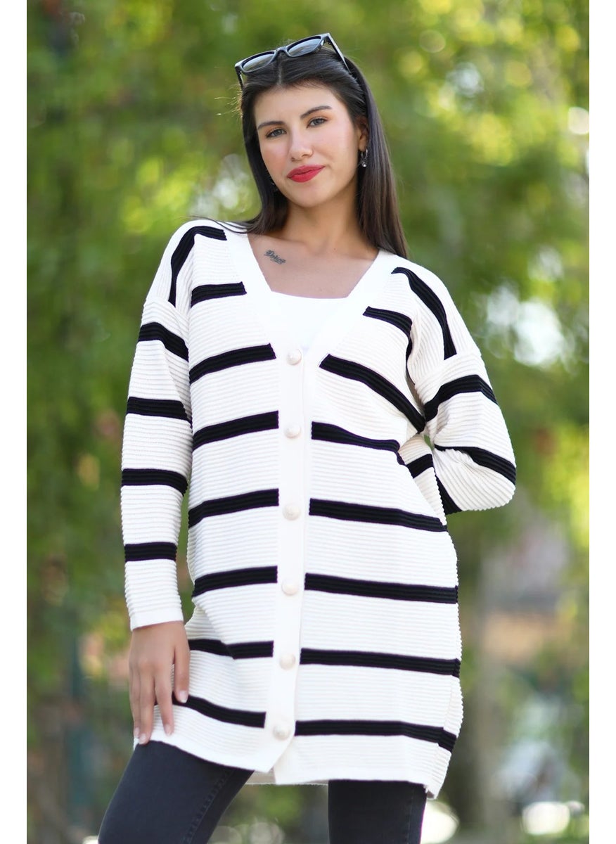 Giysa Women's White Black Striped Long Knitted Cardigan Buttoned Acrylic Fabric - 3090  - Image 1