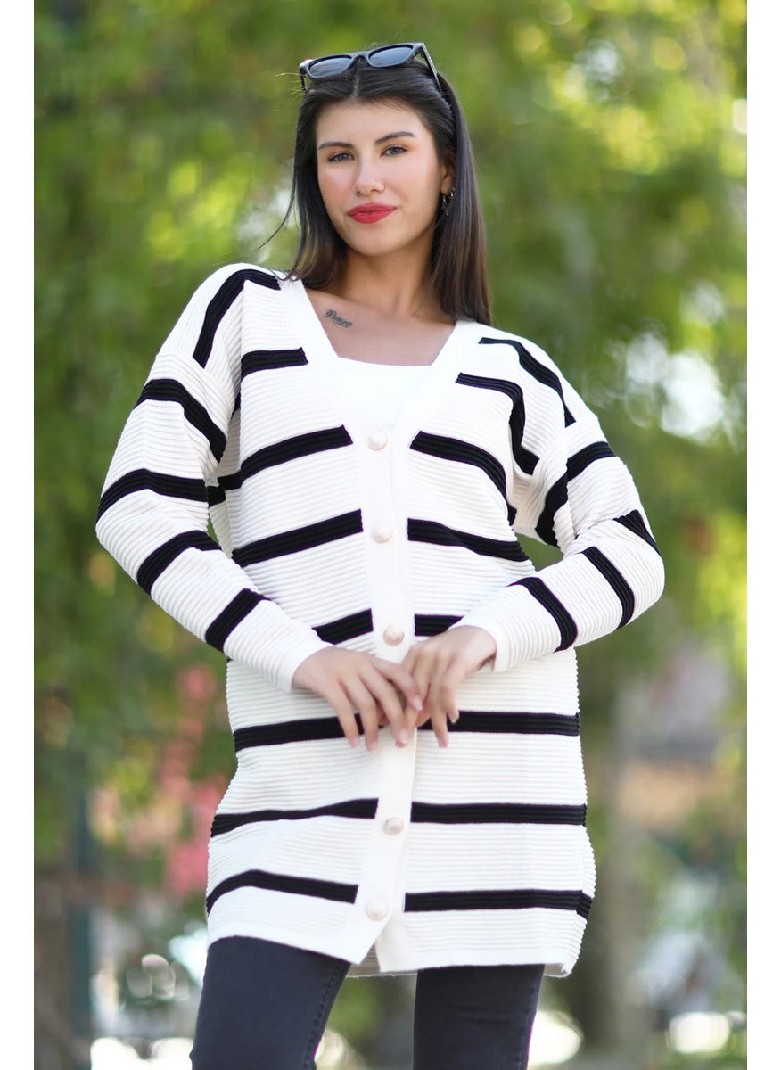 Giysa Women's White Black Striped Long Knitted Cardigan Buttoned Acrylic Fabric - 3090  - Image 2