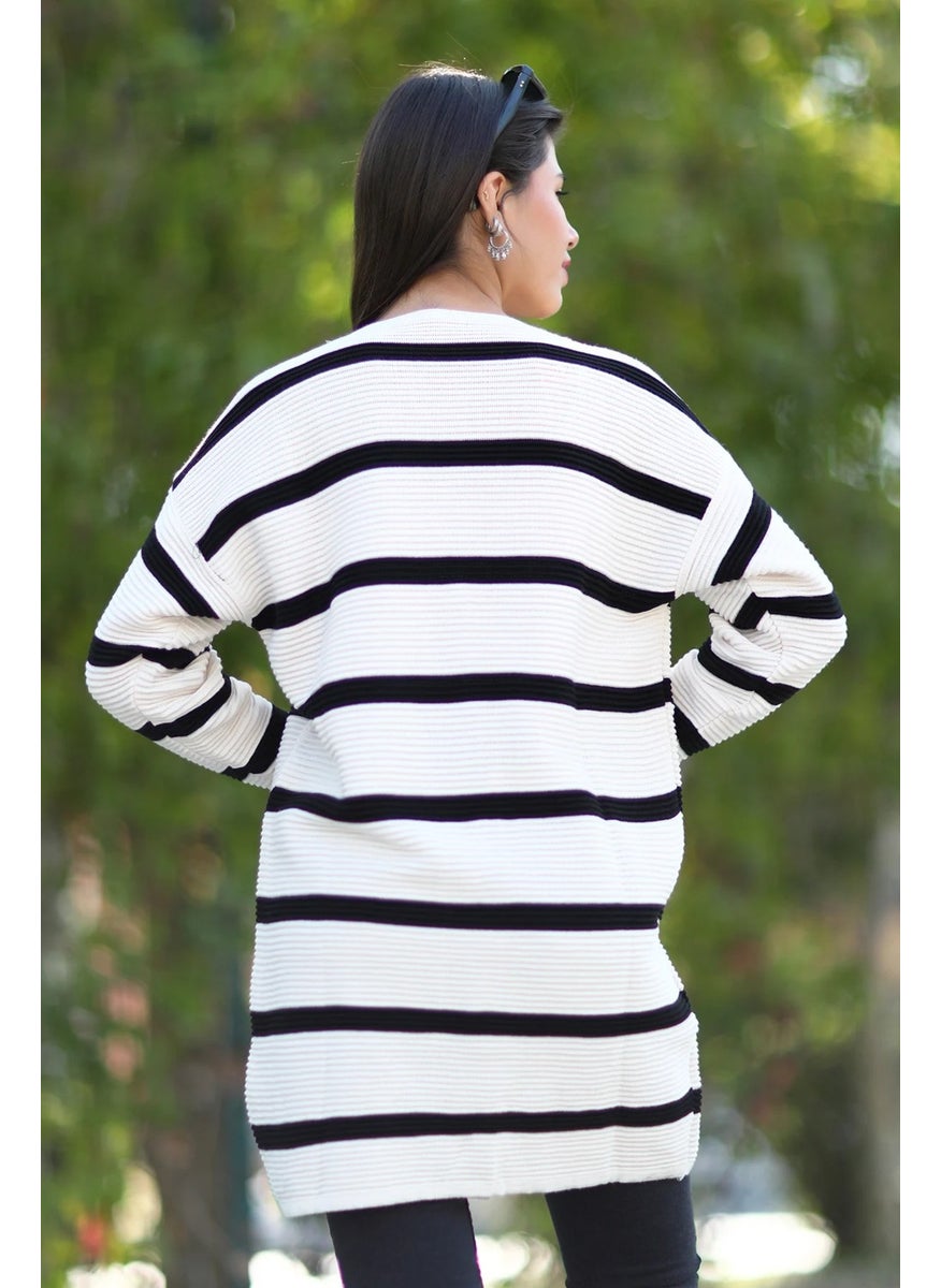 Giysa Women's White Black Striped Long Knitted Cardigan Buttoned Acrylic Fabric - 3090  - Image 3