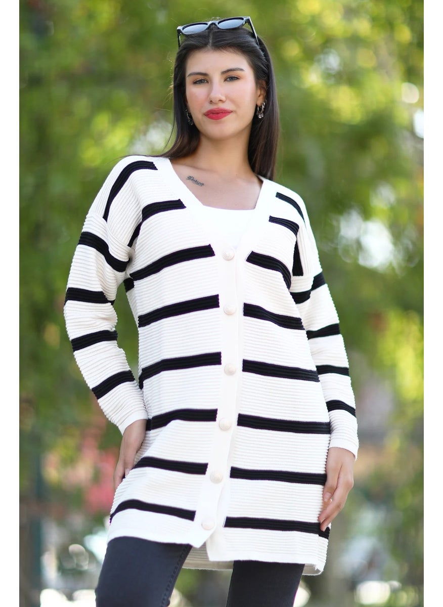 Giysa Women's White Black Striped Long Knitted Cardigan Buttoned Acrylic Fabric - 3090  - Image 4
