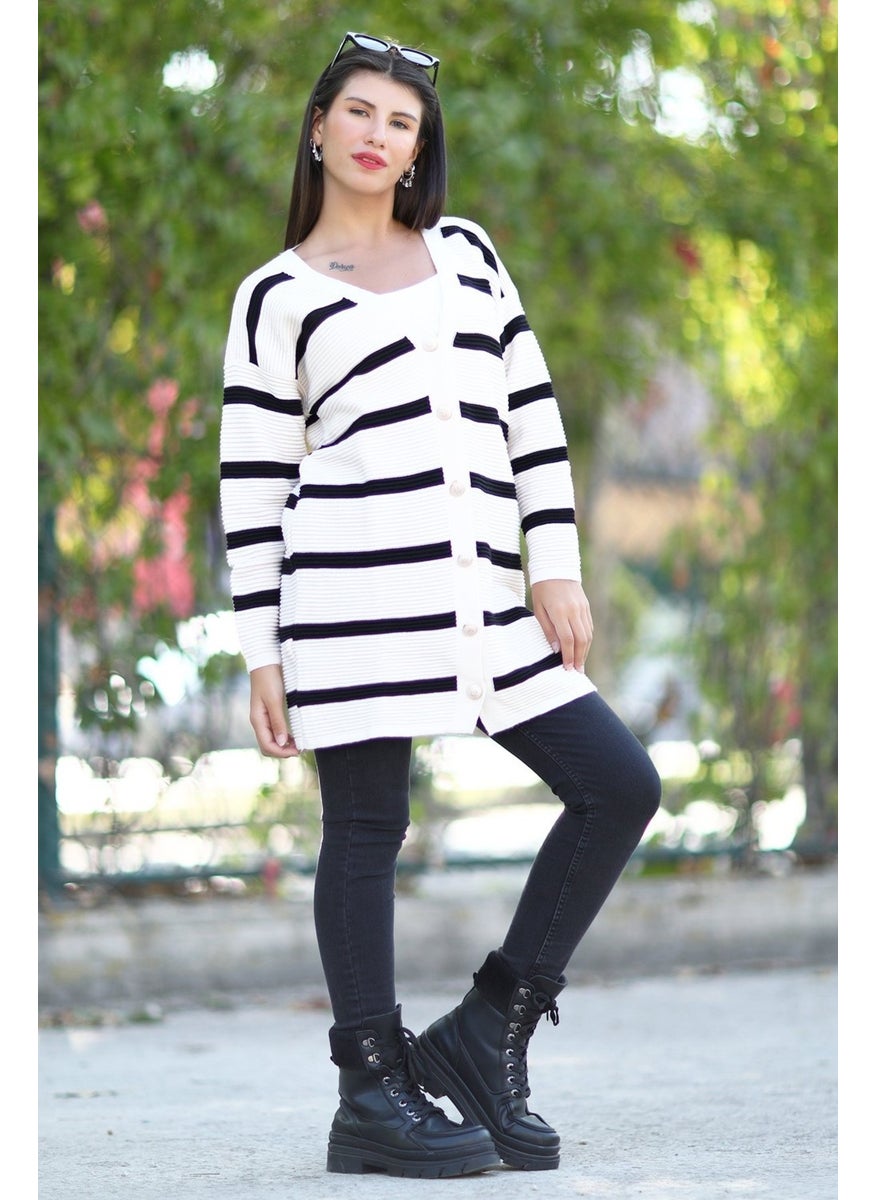 Giysa Women's White Black Striped Long Knitted Cardigan Buttoned Acrylic Fabric - 3090  - Image 5