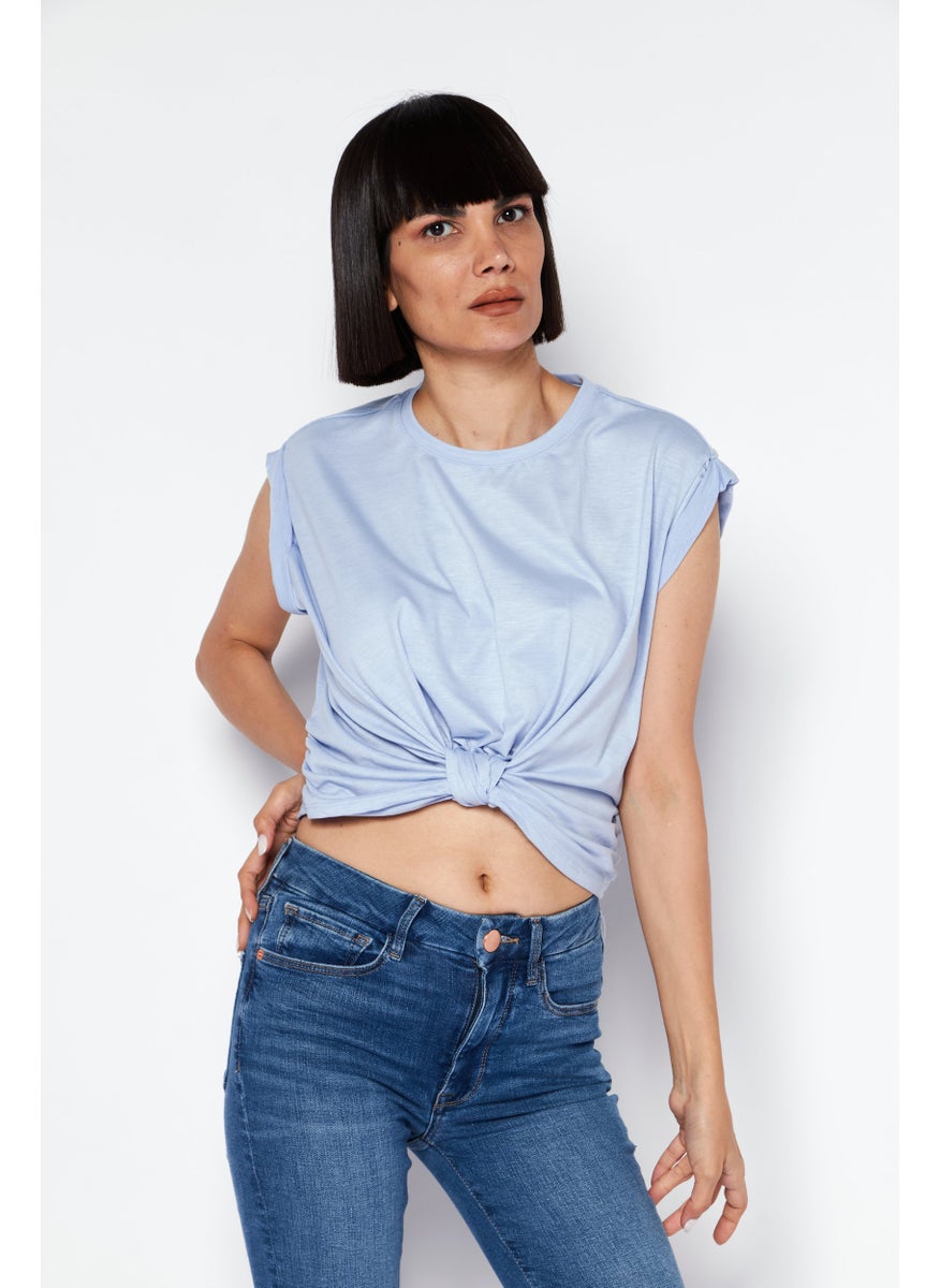 BCBGeneration Women Round Neck Cap Sleeves Plain Top, Blue  - Image 1