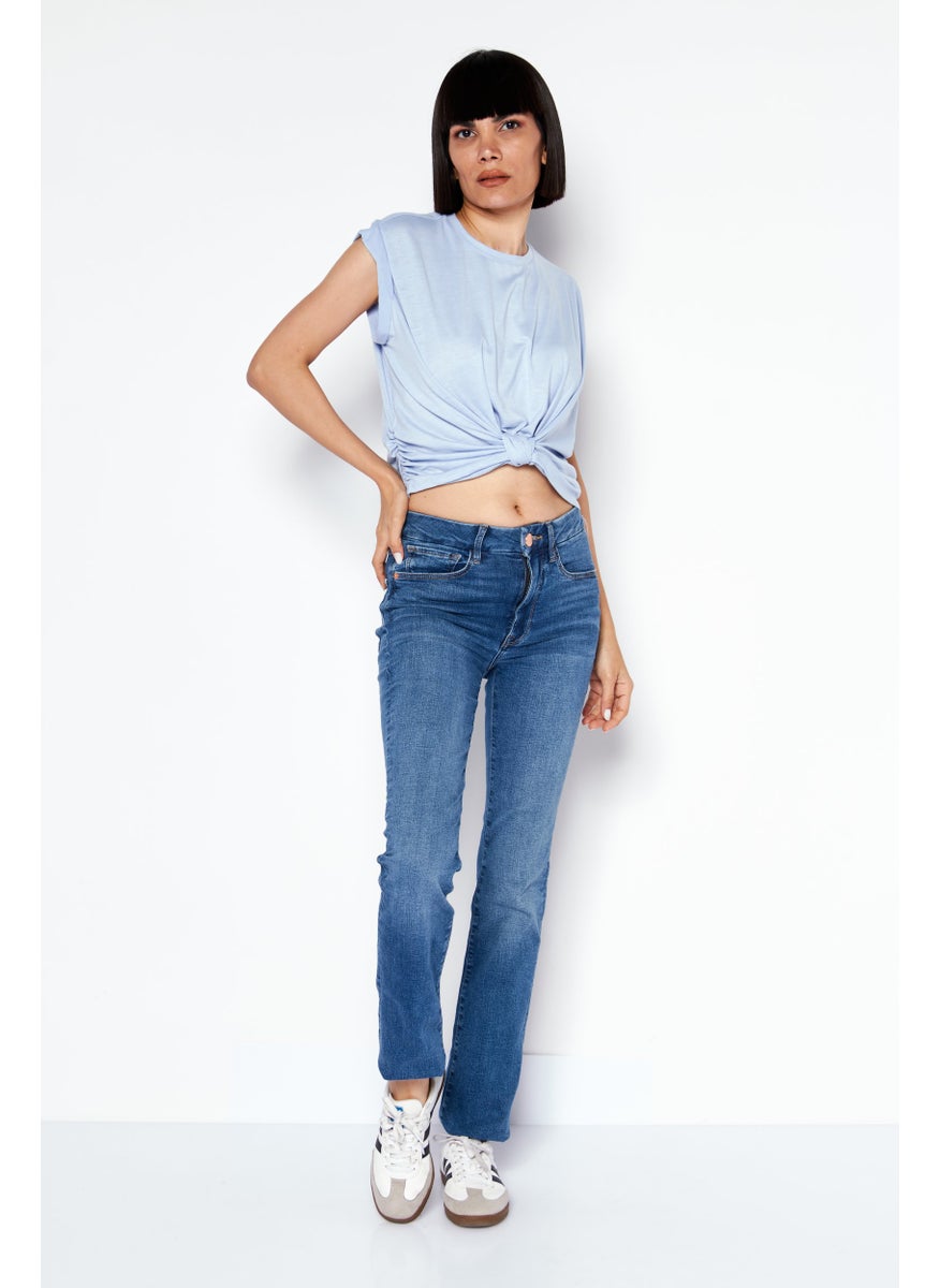 BCBGeneration Women Round Neck Cap Sleeves Plain Top, Blue  - Image 4