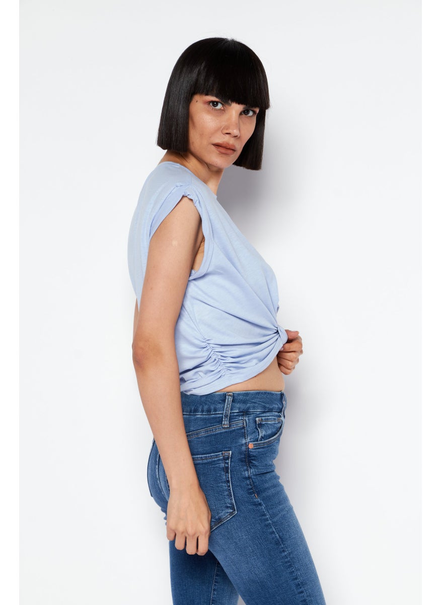 BCBGeneration Women Round Neck Cap Sleeves Plain Top, Blue  - Image 2