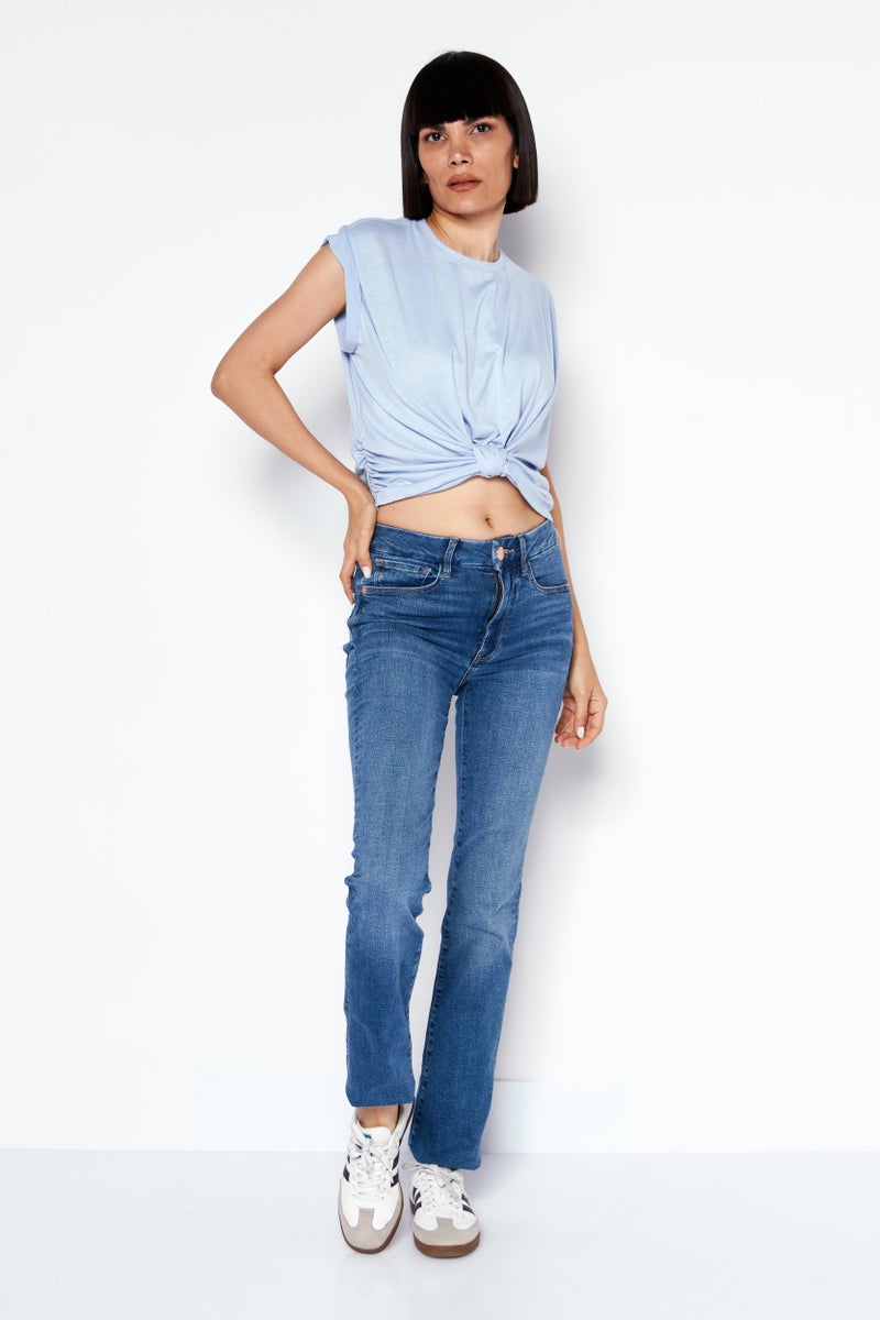 BCBGeneration Women Round Neck Cap Sleeves Plain Top, Blue - Image 4