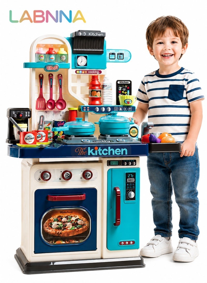 LABNNA 53 pcs Kids Kitchen Playset,Cooking Stove,Paly Sink,Oven,Kitchen Toys with Realistic Lights Sounds,Pretend Play Toys,Kitchen Toys for Toddlers 1 2 3 (Blue) - Image 1
