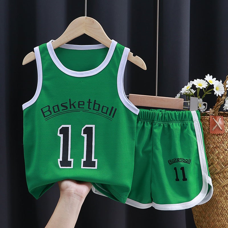2024 Kids Summer Sports Jersey Set Boys Short Sleeve Vest Shorts PA-09 ball suit Green 