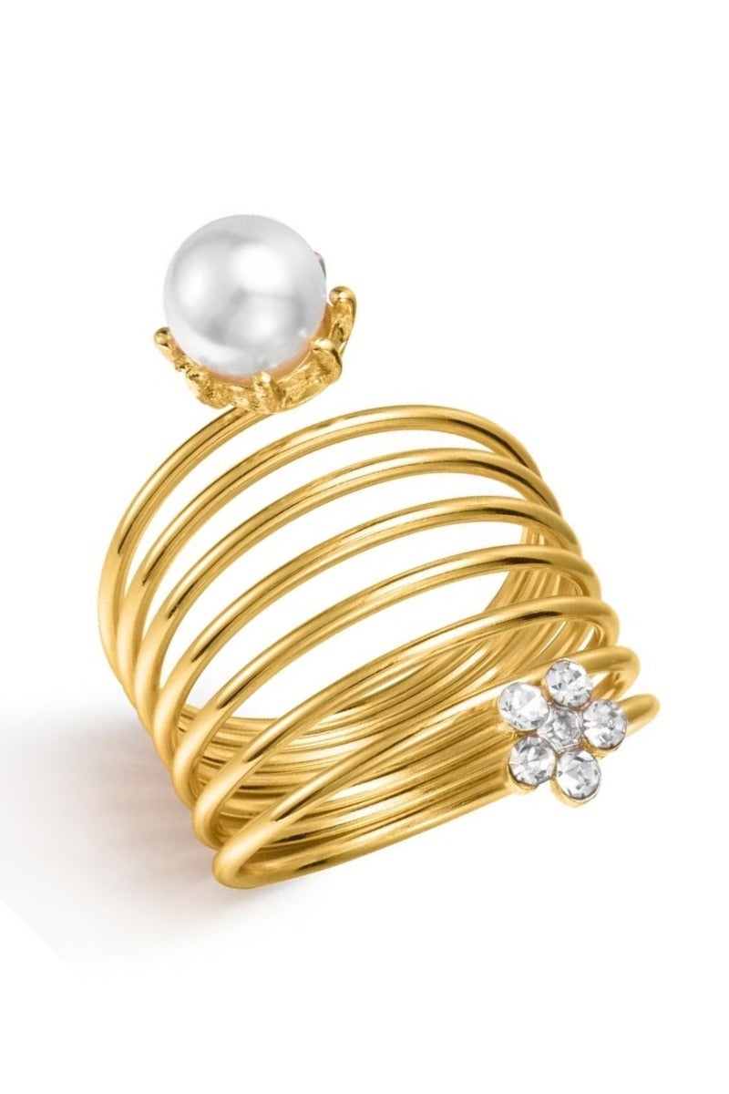 روماد خاتم جميل مزين باللؤلؤ والكريستال المقاوم للصدأ للنساء مطلي بالذهب عيار 18 قيراط مجوهرات عصرية أنيقة - Image 3