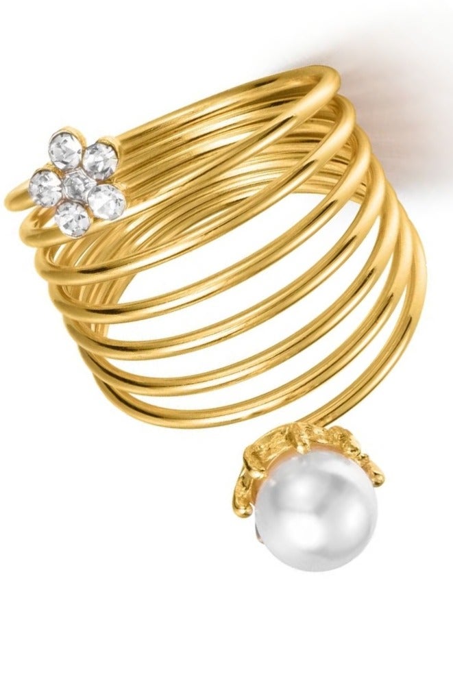 روماد خاتم جميل مزين باللؤلؤ والكريستال المقاوم للصدأ للنساء مطلي بالذهب عيار 18 قيراط مجوهرات عصرية أنيقة - Image 4