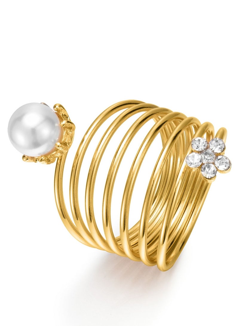 روماد خاتم جميل مزين باللؤلؤ والكريستال المقاوم للصدأ للنساء مطلي بالذهب عيار 18 قيراط مجوهرات عصرية أنيقة - Image 1