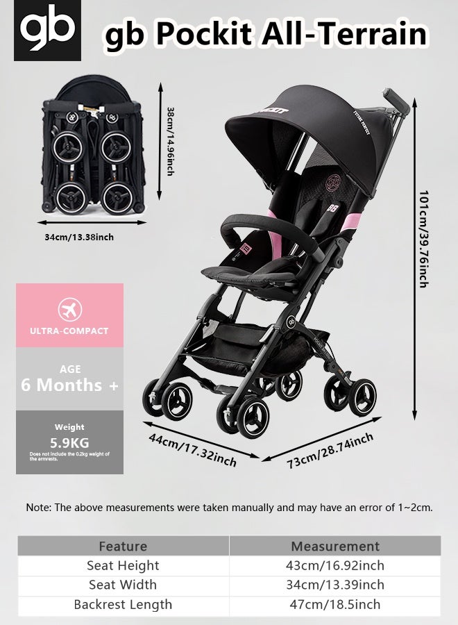 gb Pockit All-Terrain Travel Stroller, suitable for infants weighing up to 22 kilograms, cabin-approved; compact and lightweight stroller with a removable sun canopy, black and pink - Image 2