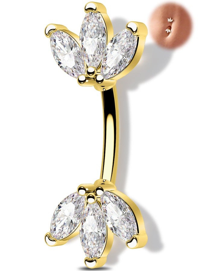 Melighting 14G Gold Lotus Belly Button Ring, Double CZ Navel Ring 316L Surgical Stainless Steel Marquise 5A CZ Belly Bar 8 mm - Image 1