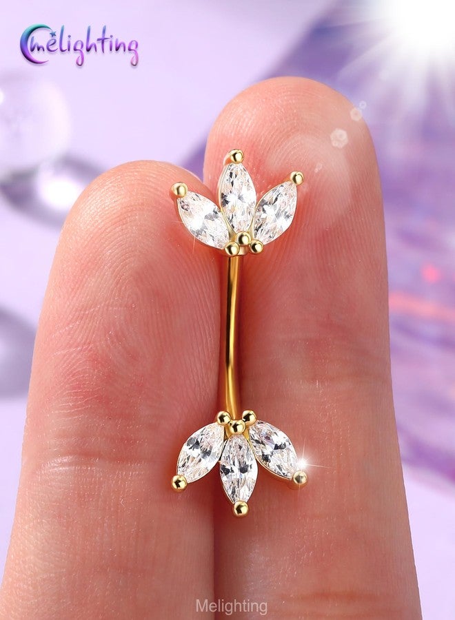 Melighting 14G Gold Lotus Belly Button Ring, Double CZ Navel Ring 316L Surgical Stainless Steel Marquise 5A CZ Belly Bar 8 mm - Image 2