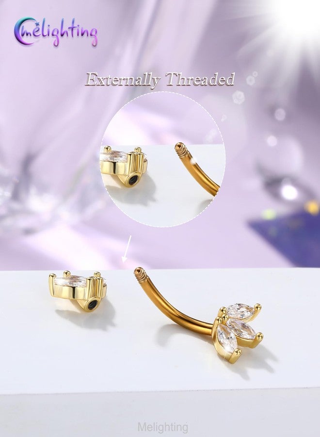 Melighting 14G Gold Lotus Belly Button Ring, Double CZ Navel Ring 316L Surgical Stainless Steel Marquise 5A CZ Belly Bar 8 mm - Image 4