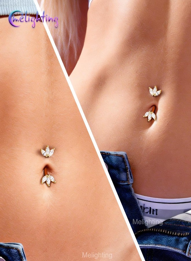 Melighting 14G Gold Lotus Belly Button Ring, Double CZ Navel Ring 316L Surgical Stainless Steel Marquise 5A CZ Belly Bar 8 mm - Image 3