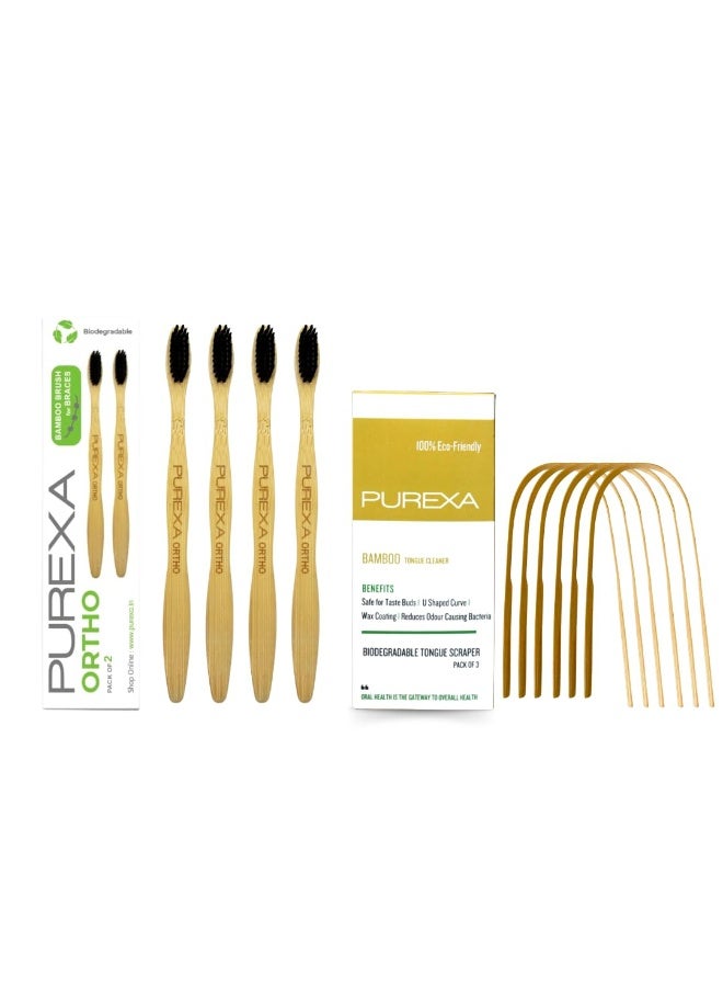 PUREXA Adult Orthodontic Manual Toothbrush For Braces And Bamboo Tongue Cleaner|Interdental Brush For Teeth|Bamboo Toothbrush|Biodegradable Bamboo Brush|(4 Toothbrush & 6 Tongue Cleaner) - Image 1