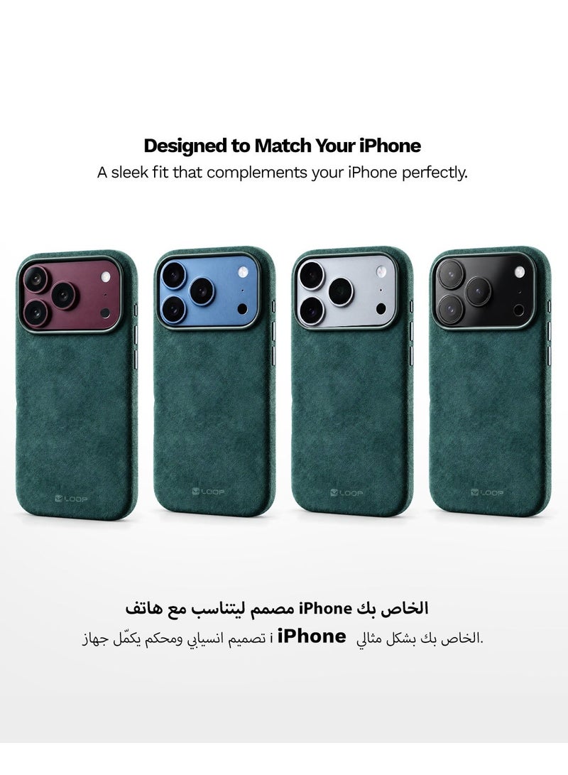 LOOP Alcantara Case for iPhone 18 Pro Max, Forest Green, Slim MagSafe Compatible Cover with Metal Buttons - Image 4