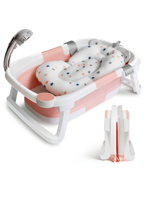 Baby Portable Foldable Bathtub With Soft Cushion Water Plug and Anti Slip Support Legs -Pink