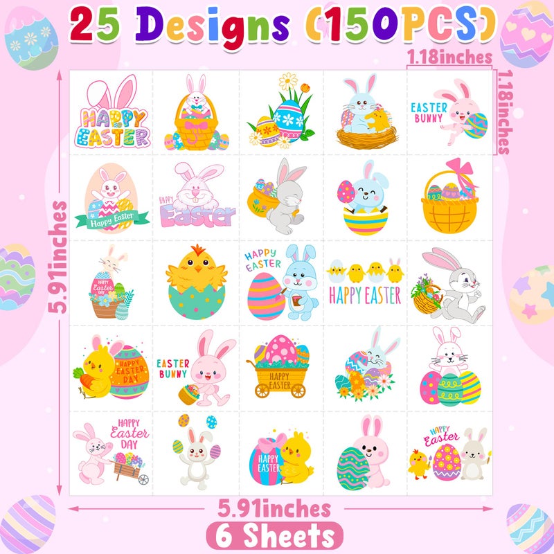 Huskein 150 PCS Easter Tattoos, 6 Sheets Spring Basket Stuffers Fake Tattoos with Bunny Egg, Cute Individually Stickers for Easter Basket Filler Party Favors Accessories - Image 2