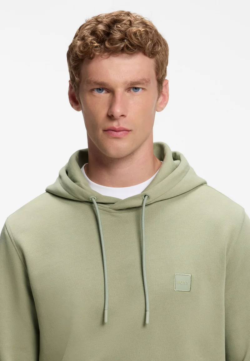 BOSS Open Green Cotton-terry hoodie with logo patch for Men | Best Price UAE