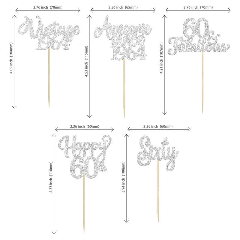 Ephlyn 30Pcs Happy 60th Birthday Cupcake Toppers Glitter Sixty Vintage 1964 Cupcake Picks Cheers to 60 Fabulous Cake Decorations for 60th Birthday Wedding Anniversary Party Supplies Silver - Image 2