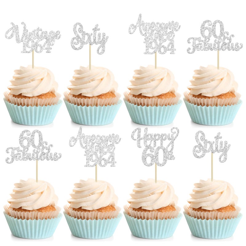 Ephlyn 30Pcs Happy 60th Birthday Cupcake Toppers Glitter Sixty Vintage 1964 Cupcake Picks Cheers to 60 Fabulous Cake Decorations for 60th Birthday Wedding Anniversary Party Supplies Silver - Image 1