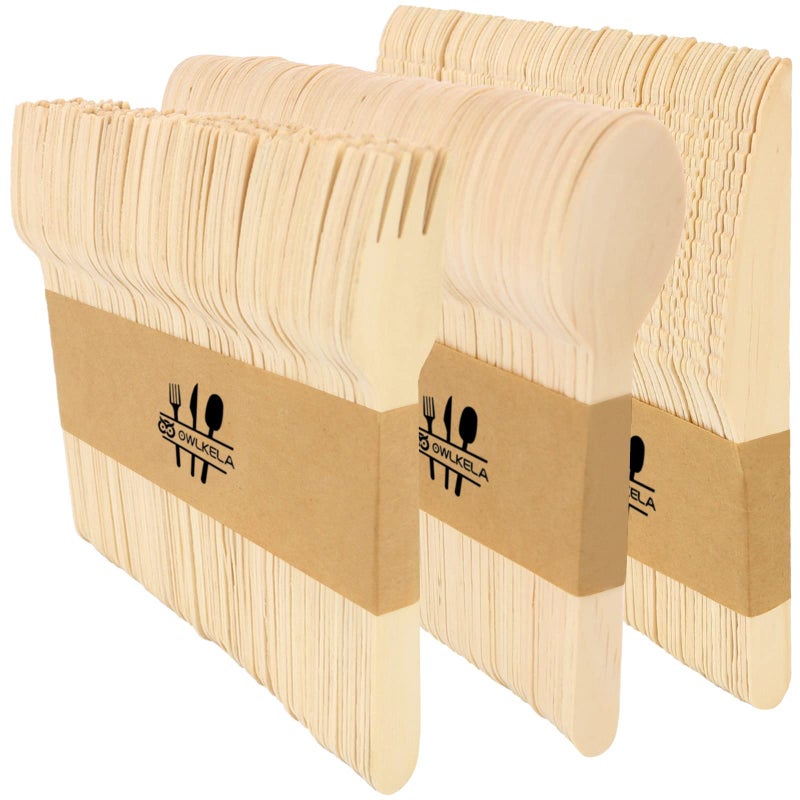 OWLKELA 300pcs Wooden Disposable Cutlery Set BPA Free Biodegradable Renewable Wood Eco Friendly for Picnic Party  100 Forks 100 Knives 100 Spoons