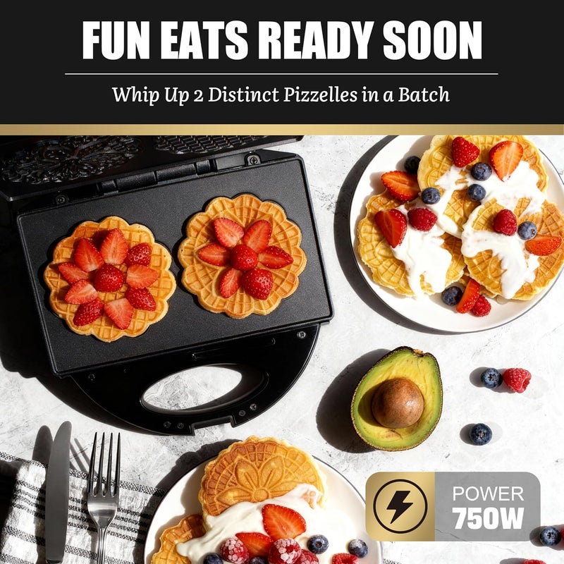 FineMade Pizzelle Maker with Non-Stick Coating, Electric Pizzelle Cookie Baker Press with Snowflake Pattern, Make Two 4 Inch Traditional Italian Waffle Cookies at Once, Recipe Included - Image 2