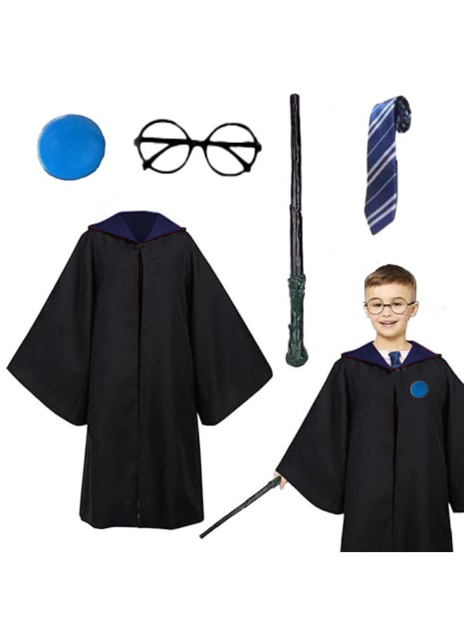 Home Smart Wizard Party Costume for Boys and Girls Wizard Robe with Tie Magic Wand Spectacle Frame and Badge for Themed Cosplay and Party Favor (Blue) - Image 1
