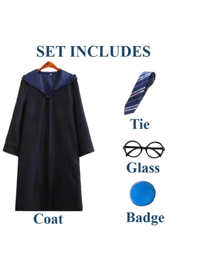 Home Smart Wizard Party Costume for Boys and Girls Wizard Robe with Tie Magic Wand Spectacle Frame and Badge for Themed Cosplay and Party Favor (Blue) - Image 3