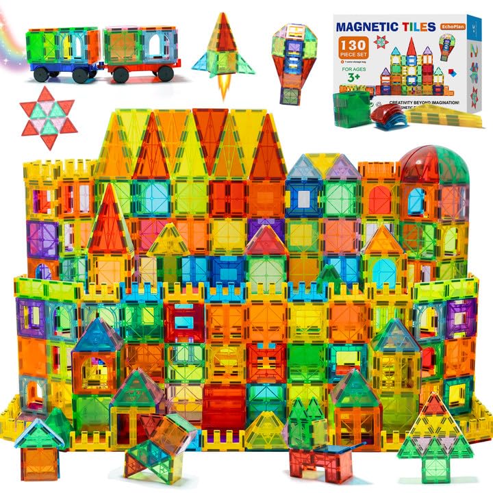 EchoPlan Magnetic Tiles, 130PCS Magnetic Blocks with 2 Cars, Magnet Tiles 3D Clear Building Blocks Set, STEM Sensory Educational Toys Gift for Toddlers Kids Boys 3 4 5 6 7 8 9+ Year Old - Image 1