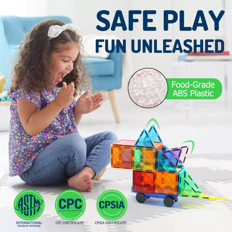 EchoPlan Magnetic Tiles, 130PCS Magnetic Blocks with 2 Cars, Magnet Tiles 3D Clear Building Blocks Set, STEM Sensory Educational Toys Gift for Toddlers Kids Boys 3 4 5 6 7 8 9+ Year Old - Image 4