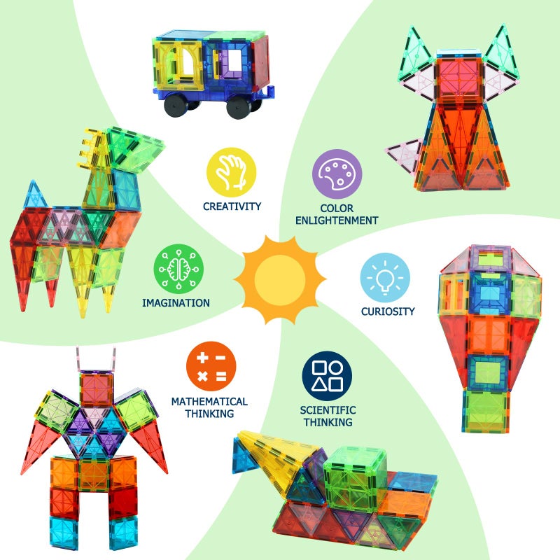 EchoPlan Magnetic Tiles, 130PCS Magnetic Blocks with 2 Cars, Magnet Tiles 3D Clear Building Blocks Set, STEM Sensory Educational Toys Gift for Toddlers Kids Boys 3 4 5 6 7 8 9+ Year Old - Image 3
