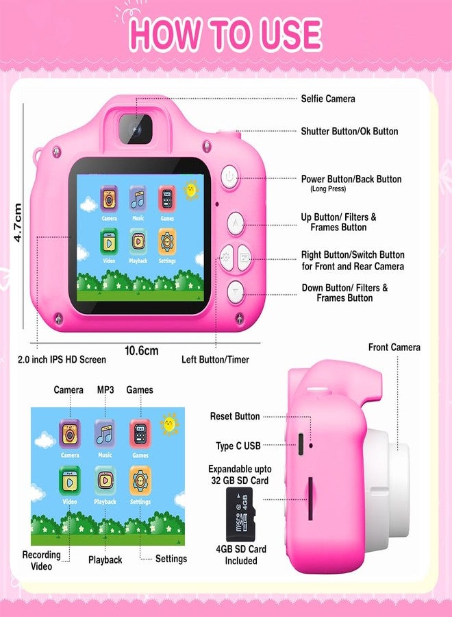 Wembley Kids Camera 3+ Year Old Girl Gift 32GB SD Card 1080P HD Video Adorable Selfie Unicorn Digital Toddler Camera for Kids Toys Boys Birthday Gift for 3-12 Years Old Girls - Pink - Image 2