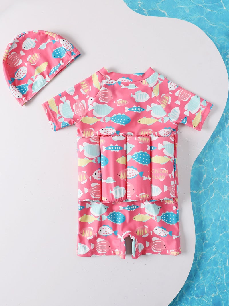 2022 cross-border girls' short-sleeved swimsuit children's buoyancy swimsuit children's infant swimming swimsuit whole swimsuit women(0259 pink, 90) - Image 3