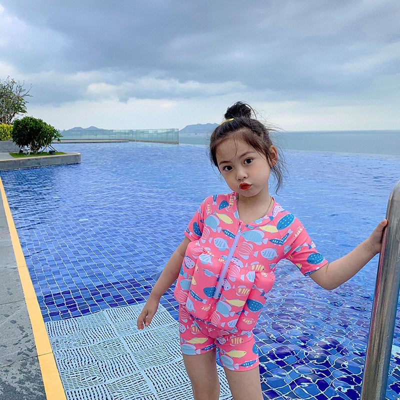 2022 cross-border girls' short-sleeved swimsuit children's buoyancy swimsuit children's infant swimming swimsuit whole swimsuit women(0259 pink, 90) - Image 4