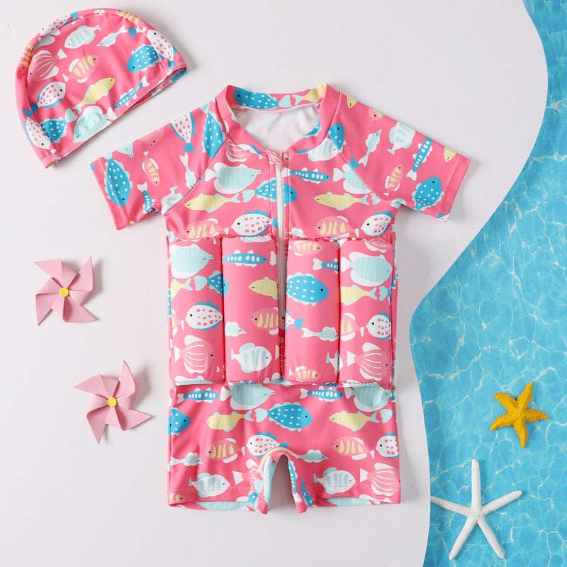 2022 cross-border girls' short-sleeved swimsuit children's buoyancy swimsuit children's infant swimming swimsuit whole swimsuit women(0259 pink, 90) - Image 1