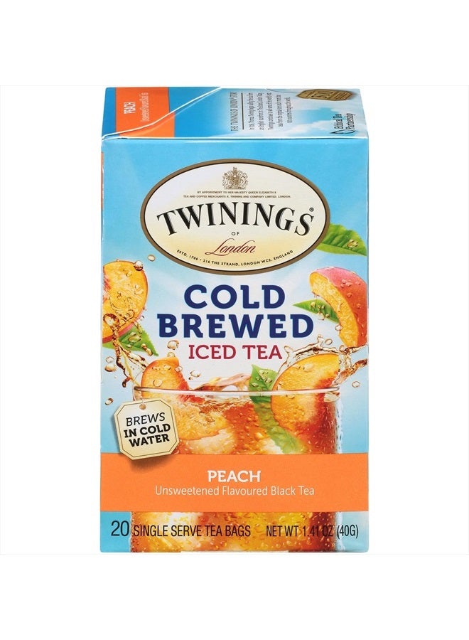 Twinings Cold Brewed Iced Tea Bags, Peach - Ready in 5 Minutes, Flavoured Black Tea Cold Brew Bags, Caffeinated, Unsweetened, 20 Count - Image 1