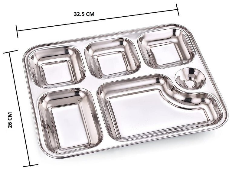 GALOOF Stainless Steel 6 in 1 Pav Bhaji Plate Set | 6 Compartment Section Mess Tray | 6 Section Rectangle Bhojan Thali for Lunch and Dinner (Pack of 2) - Image 5