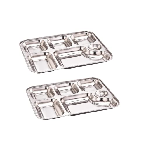 GALOOF Stainless Steel 6 in 1 Pav Bhaji Plate Set | 6 Compartment Section Mess Tray | 6 Section Rectangle Bhojan Thali for Lunch and Dinner (Pack of 2) - Image 1