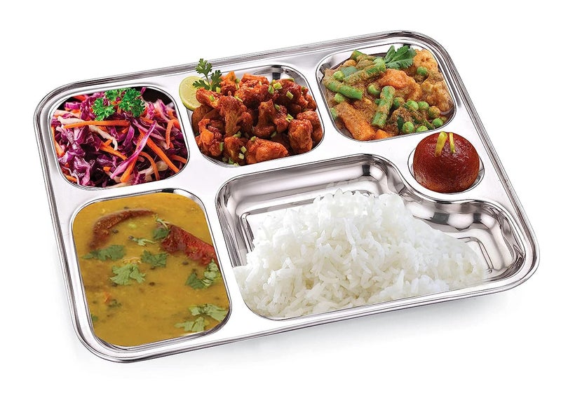 GALOOF Stainless Steel 6 in 1 Pav Bhaji Plate Set | 6 Compartment Section Mess Tray | 6 Section Rectangle Bhojan Thali for Lunch and Dinner (Pack of 2) - Image 3