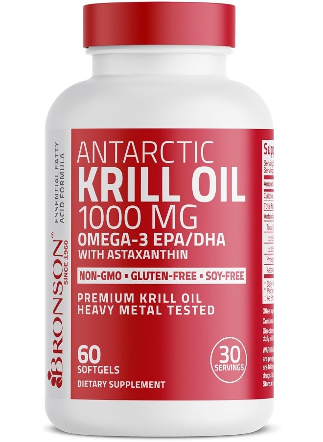 Bronson Antarctic Krill Oil 1000 Mg With Omega-3S Epa, Dha, Astaxanthin And Phospholipids – 100% Pure Premium Krill Oil - Heavy Metal Tested, Non Gmo - 60 Softgels (30 Servings)  - Image 1