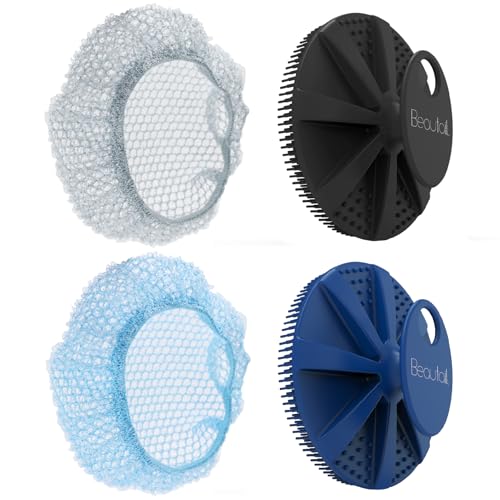 BEAUTAIL Silicone Body Scrubber & Scrub Nets, BEAUTAIL 4 Pack – Rich Foam and Exfoliation with Gentle Brush or Firmer Net Options – Hygienic, Durable, Easy to Clean – 2 Brushes (Black+Blue), 2 Nets (Gray+Blue) - Image 1