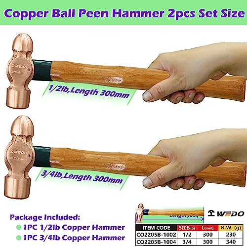 WEDO 2PCS Copper Ball Peen Hammer Set 8 oz 12 oz12lb34lb Ball Pein Hammer with Wooden Handle DieForge Corrosion Resistant DIN Standard - Image 3